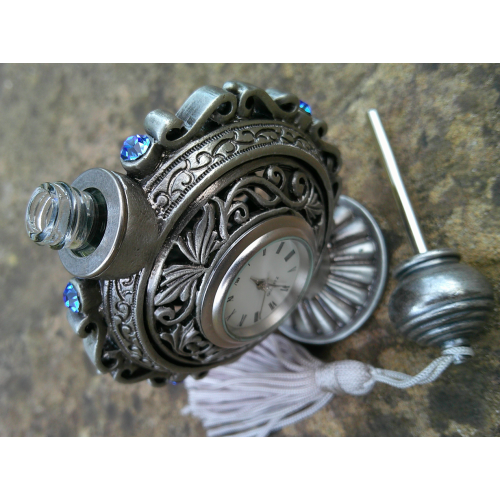 Vintage Clock and Blue Stone Perfume Scent Bottle